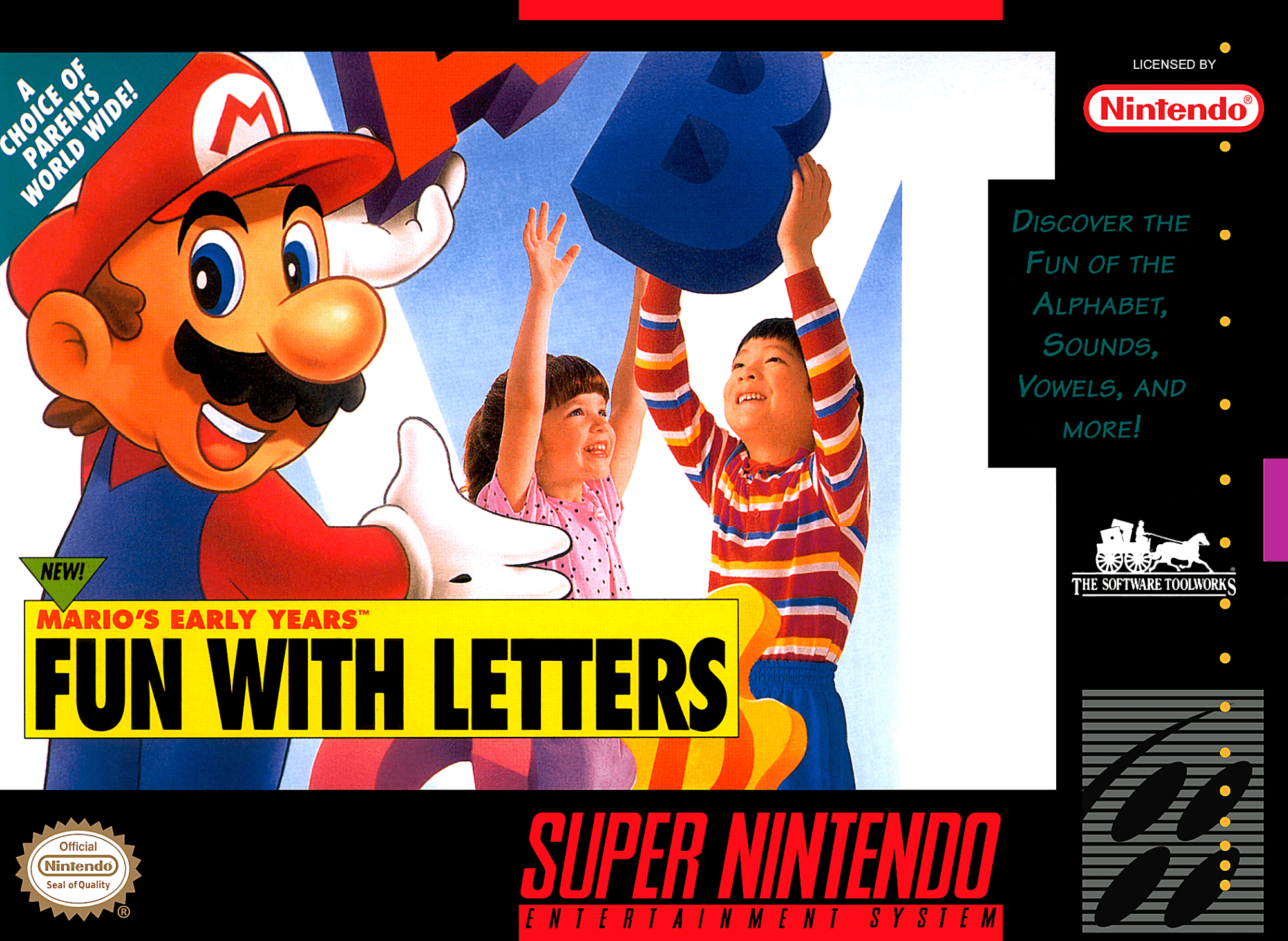 Mario's Early Years Fun with Letters box art for Super Nintendo